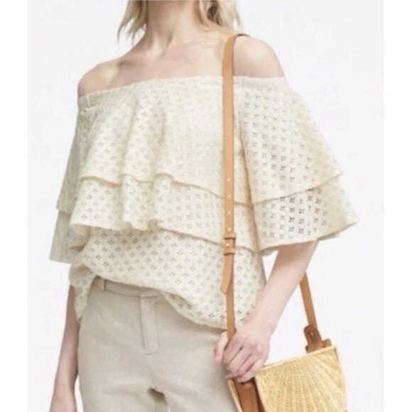 Banana Republic Tops - Banana Republic Ivory Cream Off Shoulder Lace Top Blouse Ruffle Tiered Medium